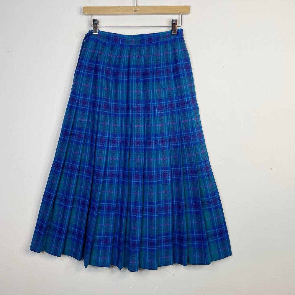 Vintage Pendleton 80s Wool Plaid Pleated A line Midi Skirt Blue Purple womens 8 - Picture 5 of 10